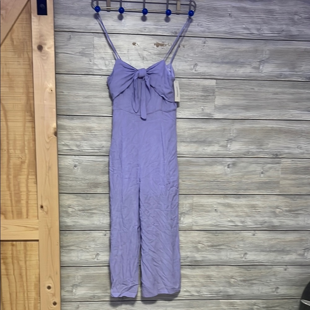 Francesca's Collections Purple Jumpsuit with Spaghetti Straps and Tie Detail